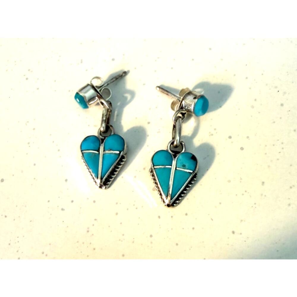 Zuni Velda Natascio Sterling Silver Turquoise Heart Post/Dangling Earrings View 2